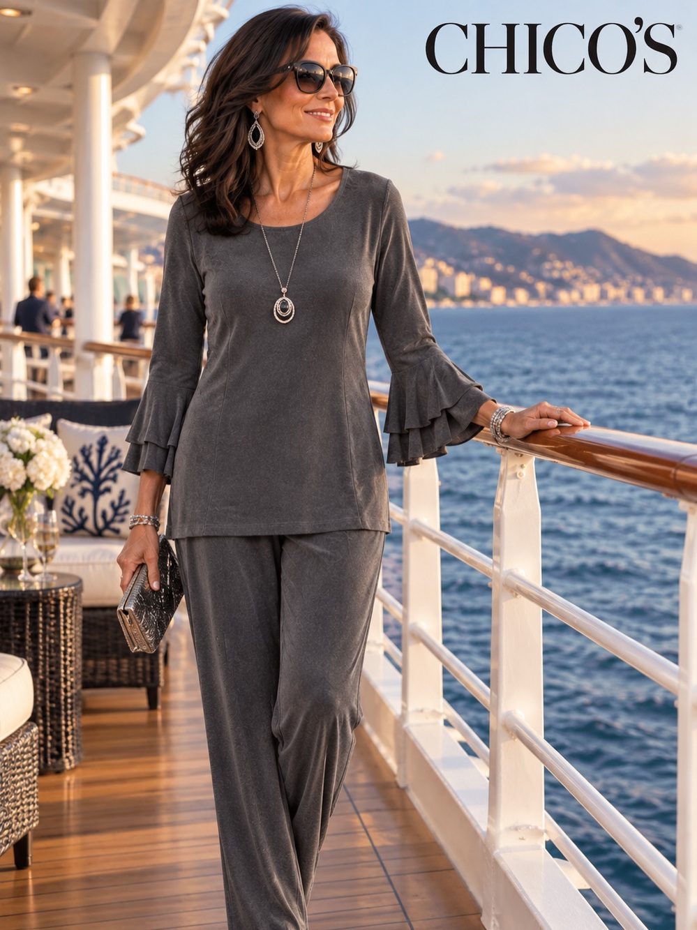 Chico’s travel set; charcoal/gray long-sleeve tunic top paired w/matching pants.
